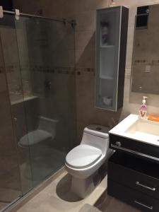 La salle de bains est pourvue de toilettes, d'une douche et d'un lavabo. dans l'établissement Cabaña Campestre Las Palmas, à Pereira