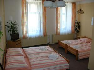 a bedroom with two beds and a tv and windows at Privat U Spazalů in Telč