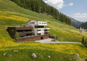 ein Gebäude an der Seite eines Hügels mit gelben Blumen in der Unterkunft Das Felaria in Samnaun