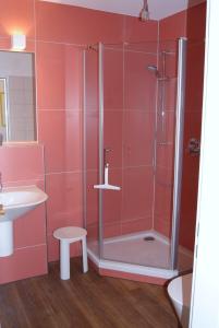 La salle de bains est pourvue d'une douche et d'un lavabo. dans l'établissement Seeblickstudio 2.33 im Seehof Bansin, à Bansin
