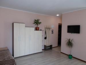 a bedroom with white cabinets and a tv on a wall at Apartment near the Forum mall in Lviv