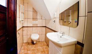 ein kleines Badezimmer mit Waschbecken und Toilette in der Unterkunft Heweliusz in Ustka + 58 Fotos