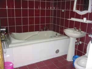 un bagno piastrellato rosso con vasca e lavandino di Lisin Village Homestay a Nanzhuang