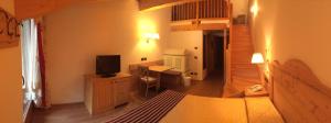 a bedroom with a bed and a desk with a television at Campiglio Bellavista in Madonna di Campiglio
