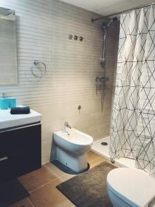 y baño con aseo, lavabo y ducha. en New apartment in San Juan Playa, Alicante, en Alicante