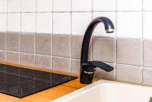 a kitchen sink with a black kitchen faucet at Pokoje przy Bema in Gdańsk