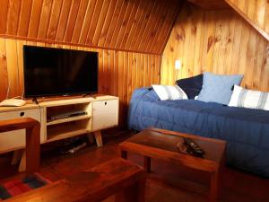 sala de estar con sofá azul y TV en Casa Alpina Frente al Mar - Aguas Verdes en Aguas Verdes