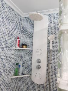 a bathroom with a shower with blue tiles at Inspiración y mar in Sagunto