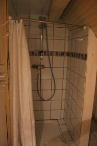 y baño con ducha y cortina de ducha. en B&B La Tête dans les Etoiles, en Weyersheim