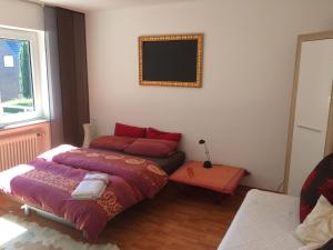 a bedroom with a bed and a flat screen tv at Ferienwohnung Globetrotter in Horstmar