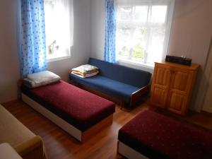 un soggiorno con divano blu e finestra di Agroturystyka U Jadwigi a Lipsk