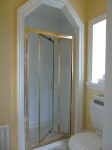a glass shower in a bathroom next to a toilet at Hartley House B&B in Carrick on Shannon