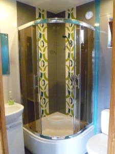 a shower with a glass door in a bathroom at Tęczowe Domki in Władysławowo