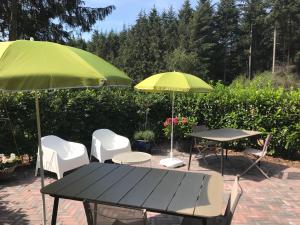two green umbrellas and a table and chairs at Bij Zelle in Garderen