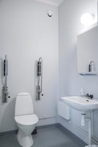 La salle de bains blanche est pourvue de toilettes et d'un lavabo. dans l'établissement STF Vandrarhem Sälen, à Stöten