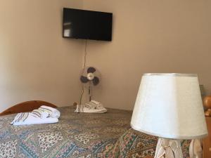 a bedroom with a bed with a lamp and a fan at Agriturismo Bellavista - Ronzano in Ronzano +28 photos