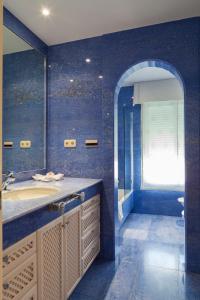 a blue bathroom with a sink and a shower at Hotel Mexico in Vera