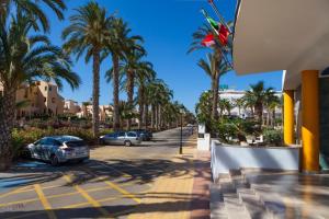 a street with palm trees and cars parked in a parking lot at Hotel Mexico in Vera
