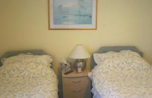 a bedroom with two beds and a lamp on a night stand at Knightsrest in Burnham on Sea