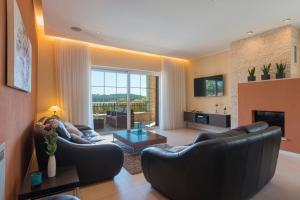 a living room with two couches and a fireplace at Villa Suprema Pomer in Pomer