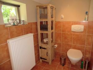 a bathroom with a toilet and a wooden shelf at de Kruik in Blesdijke +65 photos
