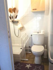 a small bathroom with a toilet and a bath tub at Leucate,dans la verdure,studio caverne en pierre dans propriété sécurisée in Leucate +16 photos