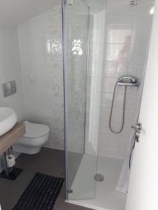 a bathroom with a glass shower with a toilet at Lopar Lidija in Lopar +30 photos