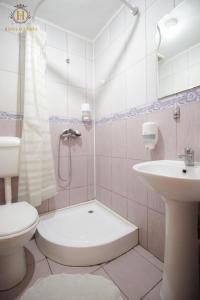 uma casa de banho com um lavatório, um WC e um chuveiro em Hanul lui Țintă em Buzău