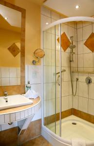 a bathroom with a shower and a sink at Landhotel Thürmchen in Schirgiswalde