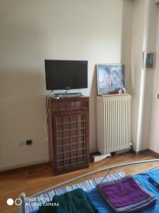 ein Wohnzimmer mit einem Flachbild-TV und einem Heizkörper in der Unterkunft Christo in Athen