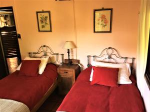 1 dormitorio con 2 camas y almohadas rojas y blancas en Lo de Lanny, en Colonia del Sacramento