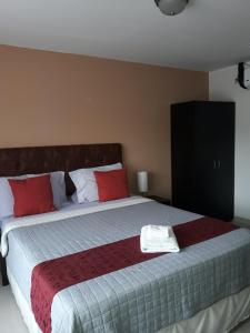 a bedroom with a large bed with red pillows at Hotel Portal Colonial in San José