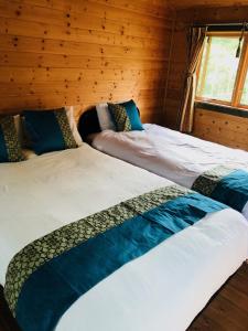 two beds in a room with wooden walls at YU・CABIN in Inawashiro +15 photos