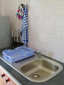 um lavatório de cozinha com um suporte para secar pratos ao lado em Fadine Self Catering em La Digue