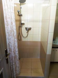 y baño con ducha y cortina de ducha. en Penzión Adriana, en Rožňava