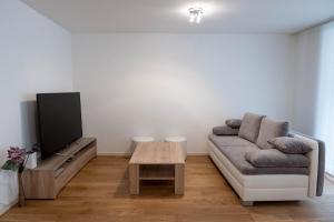 a living room with a couch and a tv at Family apartment near the train station in Vevey