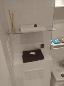 La salle de bains est pourvue d'une étagère en verre au-dessus des toilettes. dans l'établissement Apartment Sunny Day Gdynia Center, à Gdynia