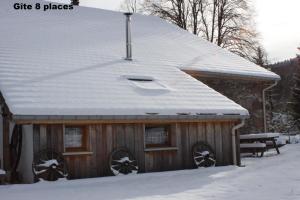 Saulxures-sur-MoselotteにあるGites typiques au coeur des Hautes Vosgesの雪屋根の丸太小屋