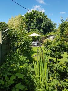 einen Garten mit einem Tisch und einem Sonnenschirm in der Unterkunft Tudor Cottage in Fairford
