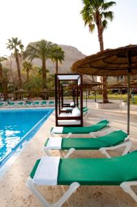 a row of lounge chairs next to a swimming pool at Leonardo Inn Hotel Dead Sea in Ein Bokek