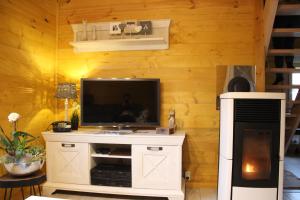 sala de estar con TV y chimenea en Ferienhaus Wolfs-Revier, en Drognitz