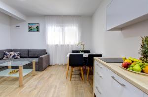a kitchen and living room with a couch and a table at Villa Floris in Mostar