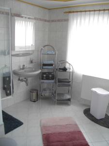 uma casa de banho com um lavatório, um espelho e um lavatório. em Brigitte Karst em Kelberg