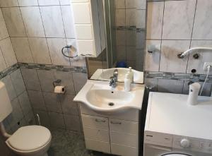 a white bathroom with a sink and a toilet at House Antonia in Grabovac +74 photos