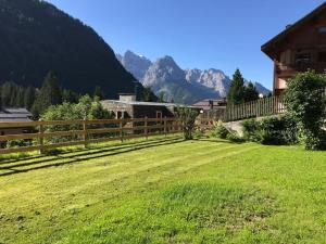 a field with a fence and mountains in the background at Casa Gatta 2-3 Camere, 1 o 2 Bagni in Madonna di Campiglio