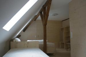 a attic room with two beds and a skylight at Mühlenchalet in Gundershofen