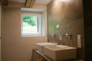 baño con lavabo y ventana en Mühlenchalet, en Gundershofen