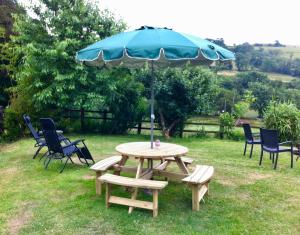 a picnic table with a blue umbrella and chairs at Five Saints Farmhouse B&B in Pumpsaint