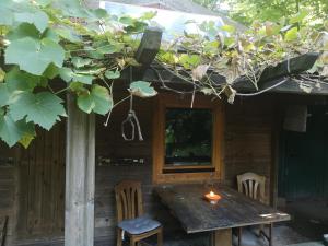 een houten tafel en stoelen voor een hut bij Waldhütte in Saarbrücken