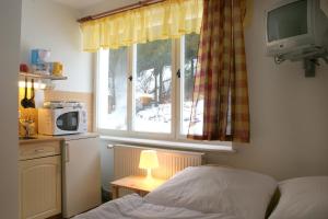 a bedroom with a bed and a microwave and a window at Penzion Apartmán Janov in Janov nad Nisou